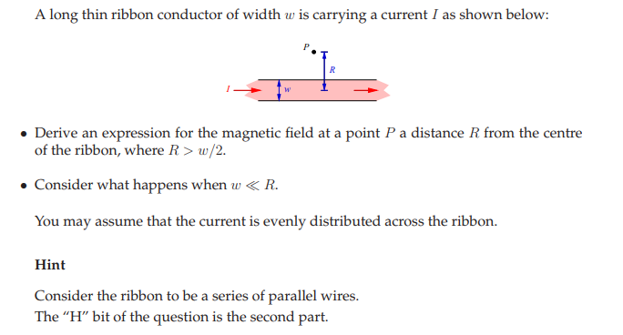 Solved A long thin ribbon conductor of width w is carrying a | Chegg.com