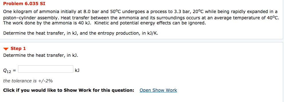 Solved Problem 6.035 SI One kilogram of ammonia initially at | Chegg.com