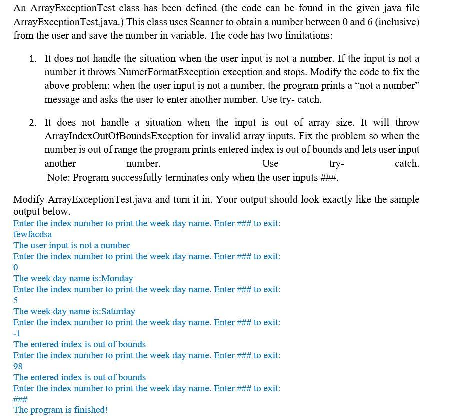 java array and exception questions | pdf | class... Solved An ArrayExceptionTest class has been defined (the | Chegg.com
