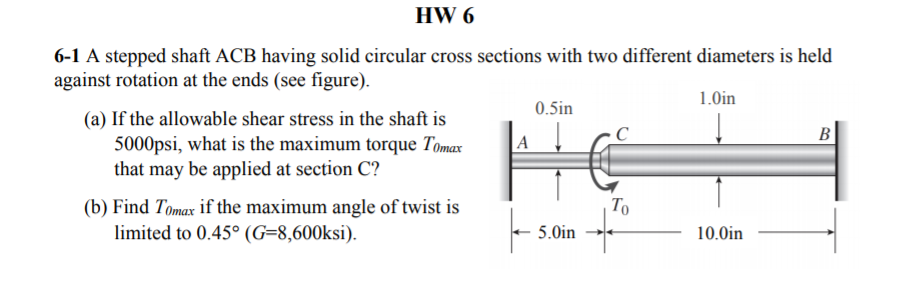 Solved HW 6 6-1 A stepped shaft ACB having solid circular | Chegg.com