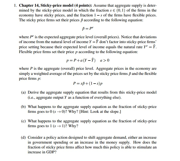 Solved Stickyprice model Assume that aggregate supply is
