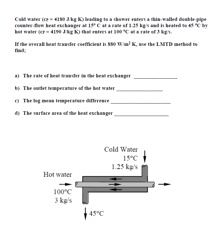 Solved Cold water (cp = 4180 J/kg K) leading to a shower
