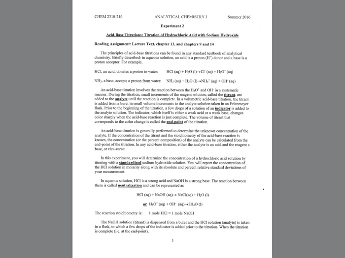 Solved CHEM 2310 210 ANALYTICAL CHEMISTRY Summer 2016 Chegg