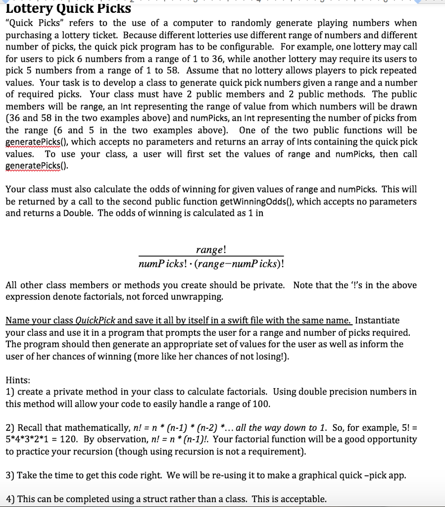 Lottery Quick Picks “Quick Picks" refers to the use | Chegg.com