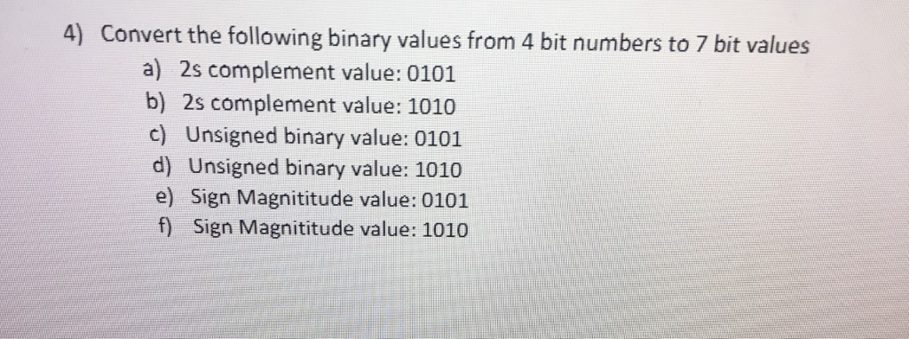 Solved 4) Convert the following binary values from 4 bit | Chegg.com