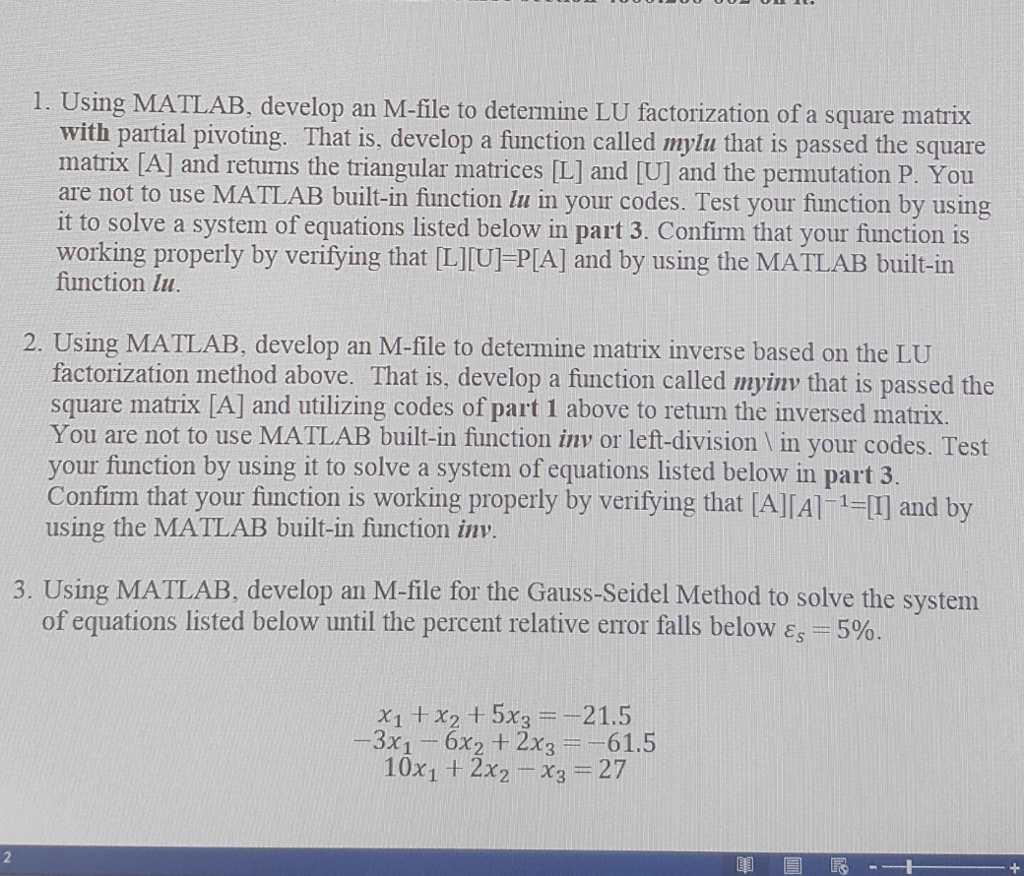 Using MATLAB, develop an M-file to determine LU | Chegg.com