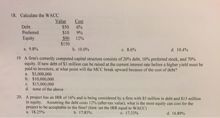 Solved Calculate the WACC A firm's correctly computed | Chegg.com