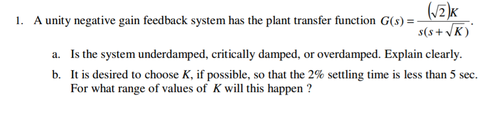 Solved A unity negative gain feedback system has the plant | Chegg.com