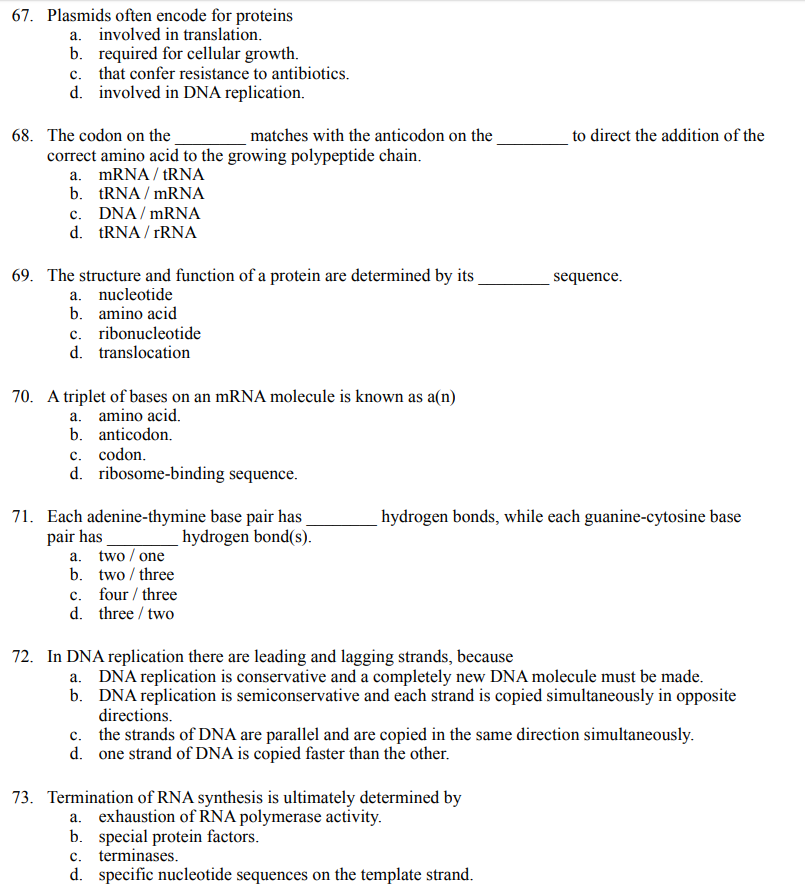 Solved 67. Plasmids often encode for proteins a. involved in | Chegg.com