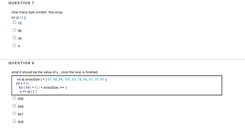 Solved QUESTION 7 How many byte contain this array int cl 12 | Chegg.com