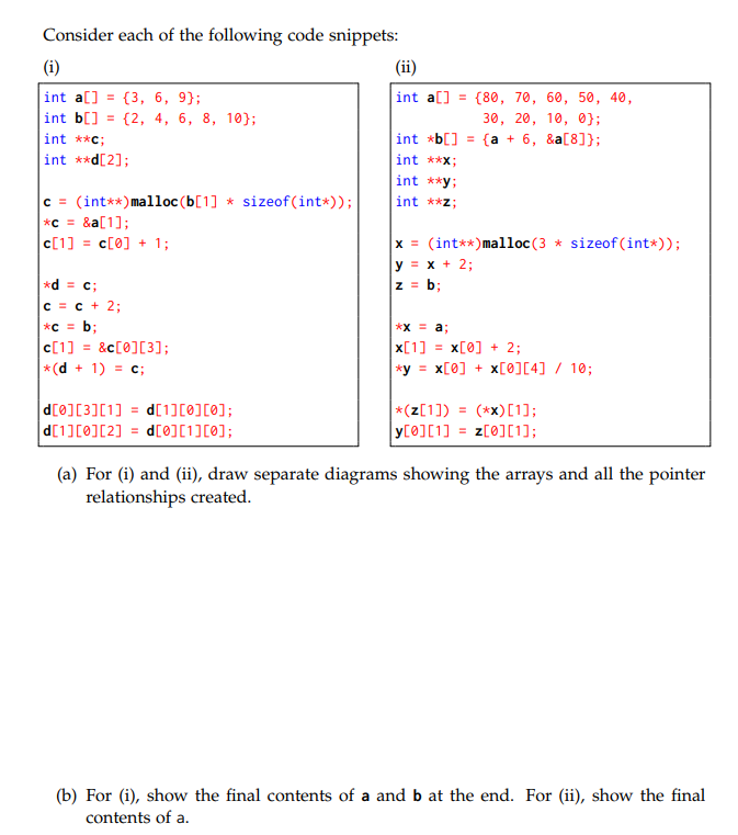 Solved Consider Each Of The Following Code Snippets Int A[] | Chegg.com