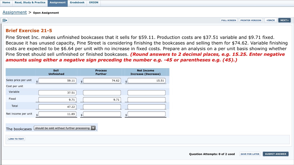 Solved Pine Street Inc. makes unfinished bookcases that it