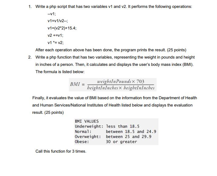 Solved 1 Write A Php Script That Has Two Variables V1 And Chegg Solved 1 Write A Php Script That Has Two Variables V1 And Chegg