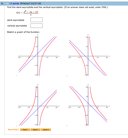 Solved Find the slant asymptote and the vertical asymptote. | Chegg.com