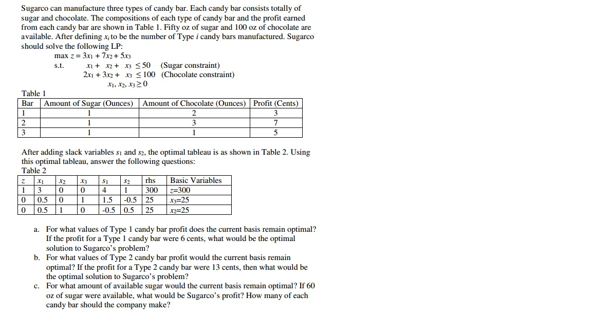 Sugarco can manufacture three types of candy bar. | Chegg.com