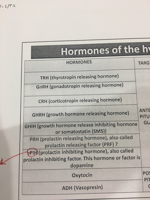 Solved My doctor says the PIH is dopamine what does he mean? | Chegg.com