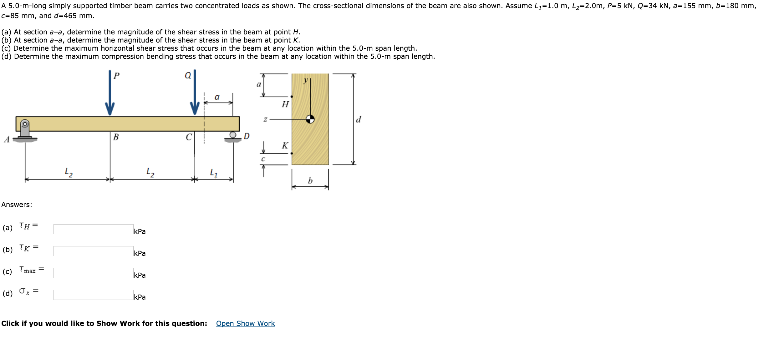 Solved A 5.0-m-long simply supported timber beam carries two | Chegg.com