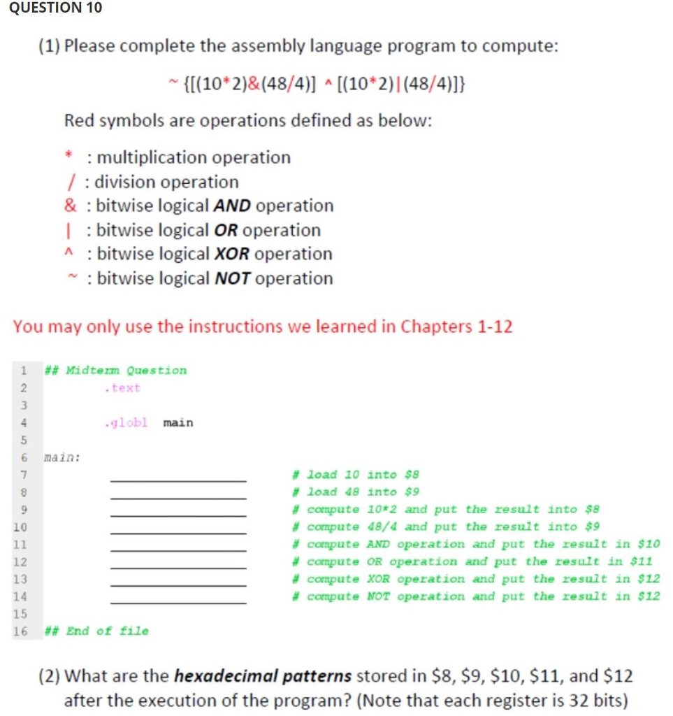 Solved QUESTION 10 (1) Please complete the assembly language | Chegg.com