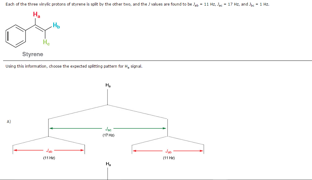 Solved Each of the three vinylic protons of styrene is split