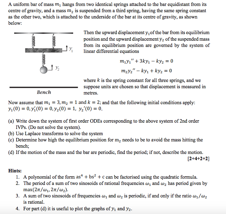 A uniform bar of mass m_1 hangs from two identical | Chegg.com