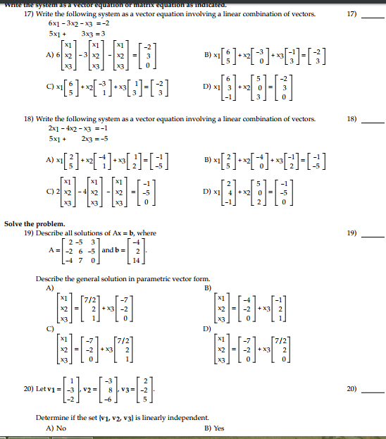 Solved 17) Write the following system as a vector equation | Chegg.com