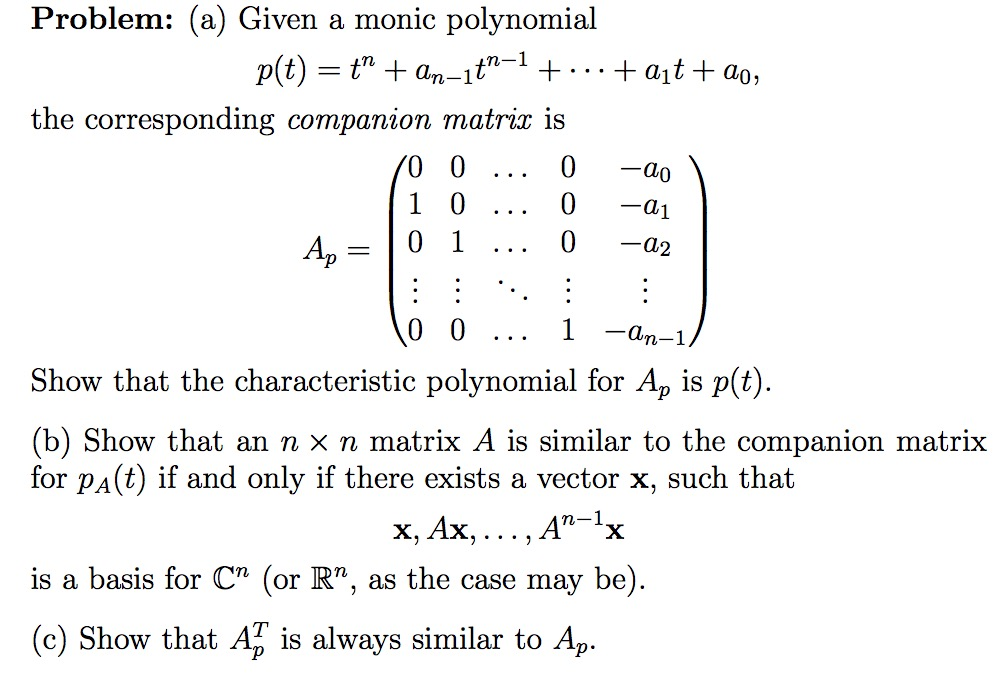 Solved Given a monic polynomial p(t) = t^n + a_n-1 t^n - 1 | Chegg.com