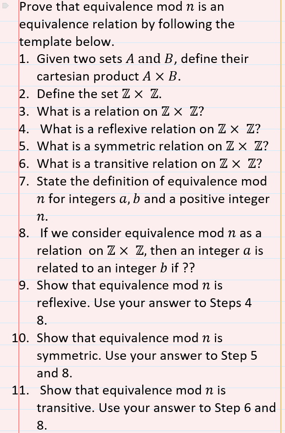 Solved Prove that equivalence mod n is an equivalence | Chegg.com