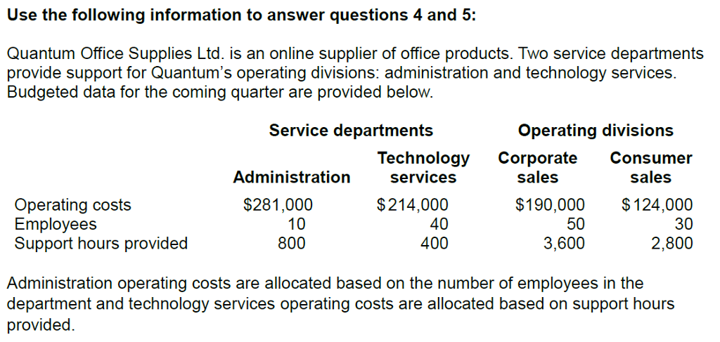 Solved Use the following information to answer questions 4 | Chegg.com