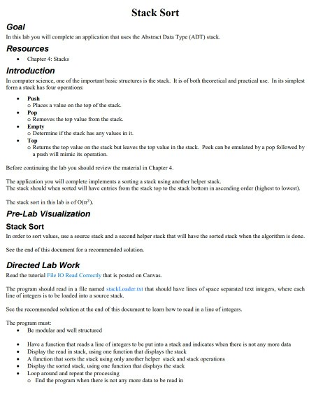 Solved Stack Sort Goal In this lab you will complete an | Chegg.com