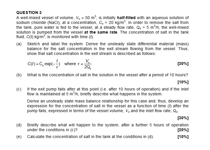 Solved QUESTION 3 A wellmixed vessel of volume, Vo = 50 m,