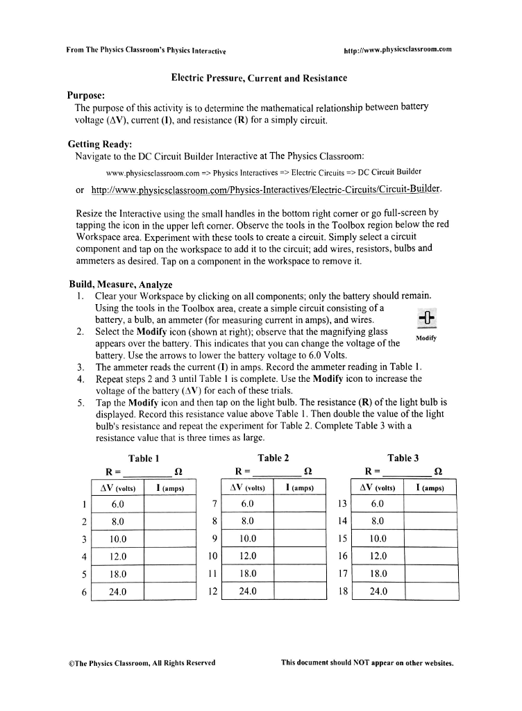 Electric Pressure Current And Resistance Worksheet Answers Physics Classroom