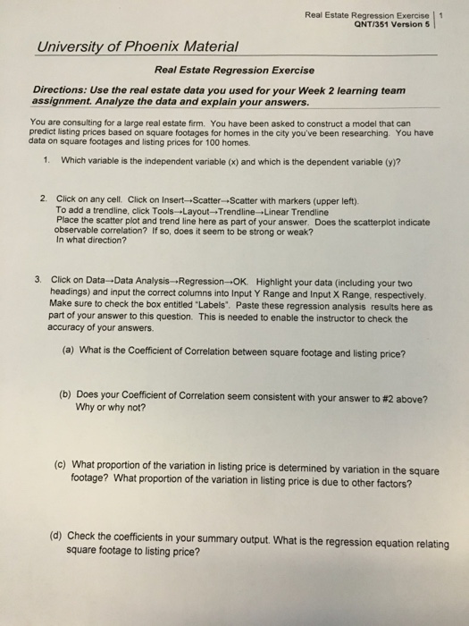 Solved Real Estate Regression Exercise 1 QNT/351 Version 5