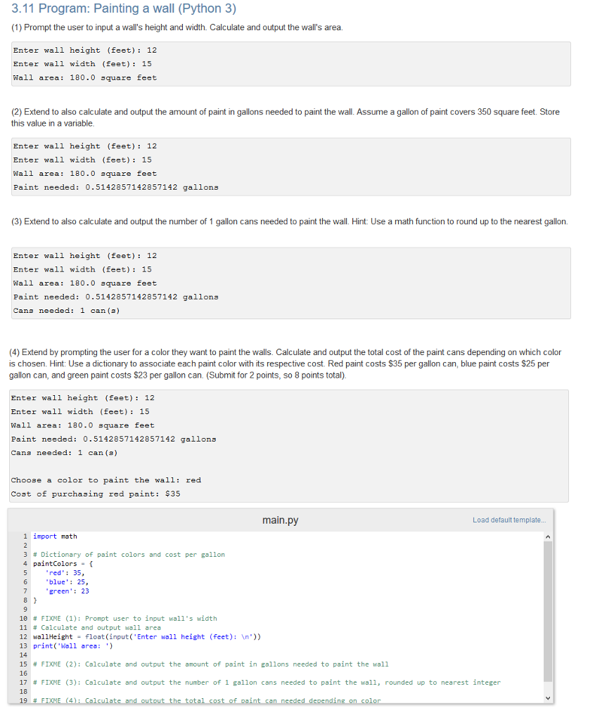 Solved: 3.11 Program: Painting A Wall (Python 3) (1) Promp... | Chegg.com