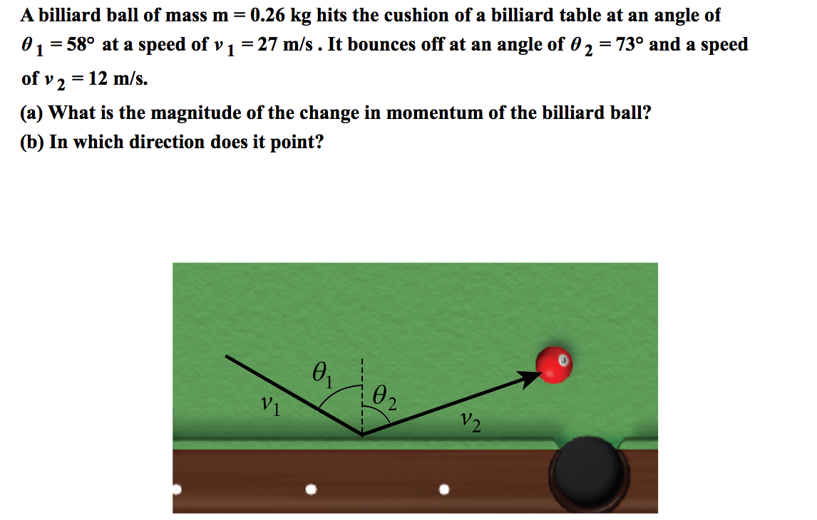 Solved A billiard ball of mass m = 0.26 kg hits the cushion