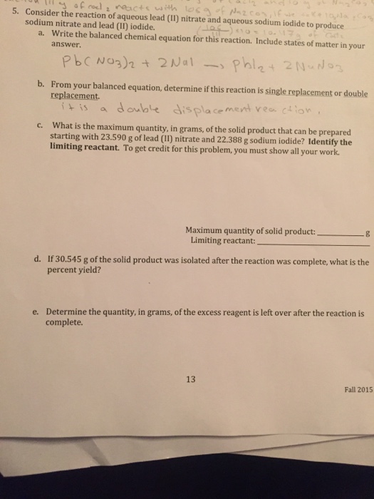 Solved Consider the reaction of aqueous lead (II) nitrate