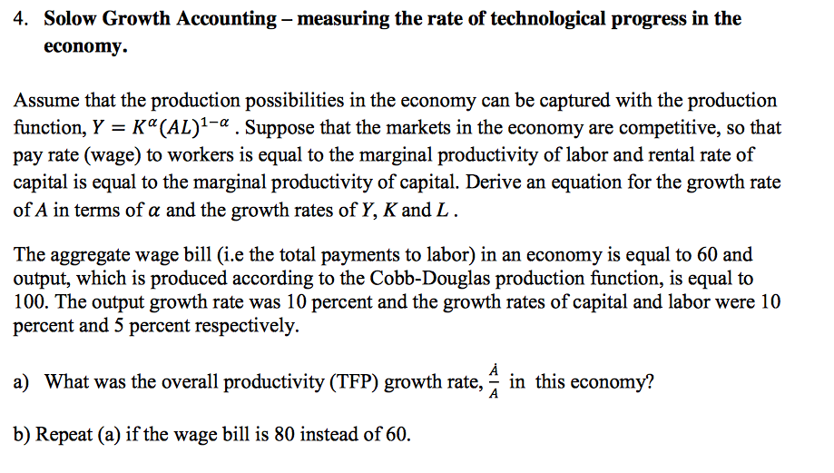 Solved 4. Solow Growth Accounting - measuring the rate of | Chegg.com