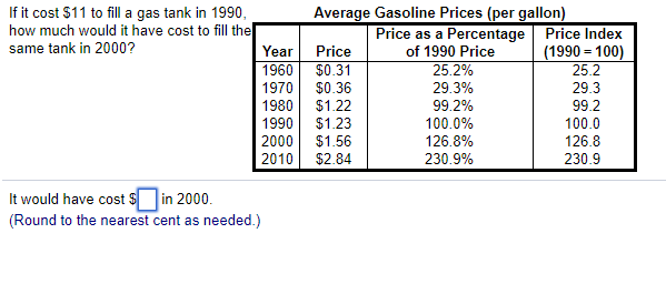 Solved If it cost $11 to fill a gas tank in 1990 how much | Chegg.com