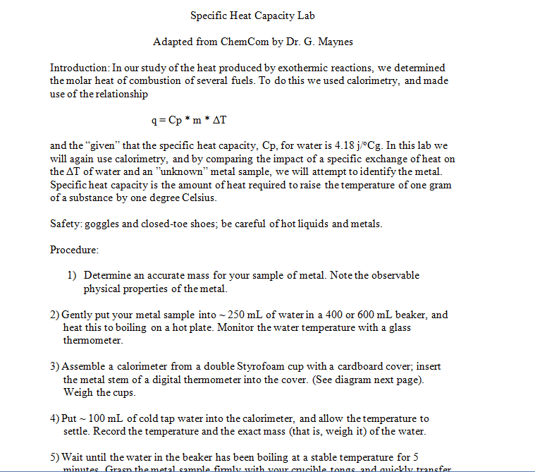 Solved Specific Heat Capacity Lab Adapted from by