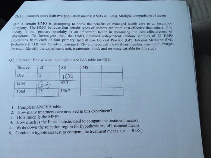 Compare more than two population means anova chegg
