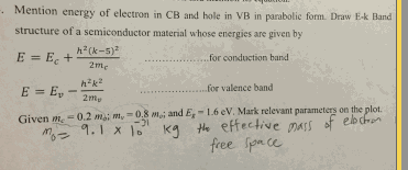 Solved Mention energy of electron in CB and hole in VB in | Chegg.com