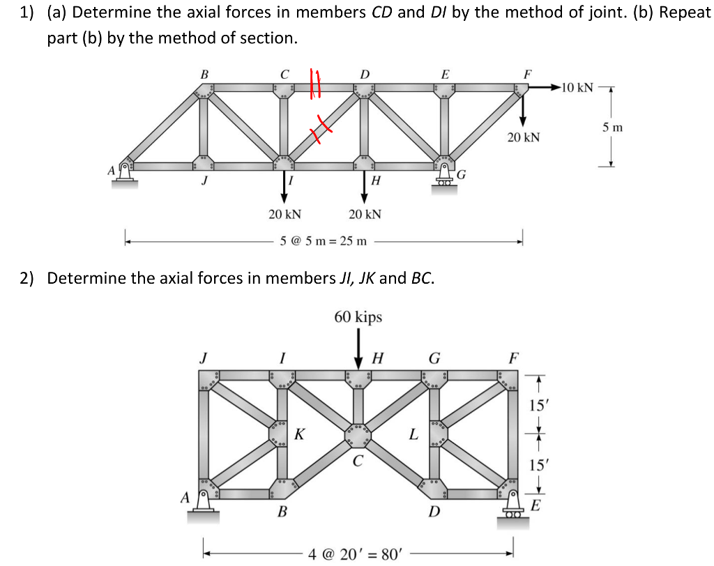 Solved 1) (a) Determine the axial forces in members CD and | Chegg.com