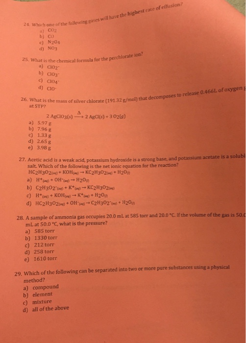 Solved Which one of the following gases will have the