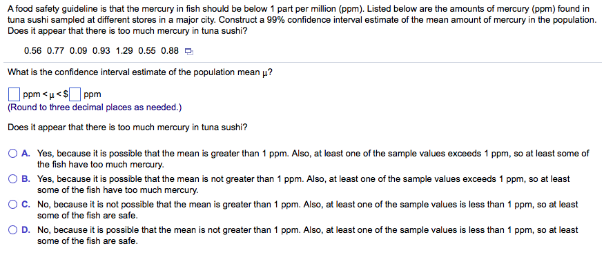 Solved A food safety guideline is that the mercury in fish | Chegg.com