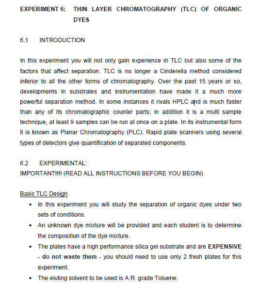 Solved EXPERIMENT 6: THIN LAYER CHROMATOGRAPHY (TLC) OF | Chegg.com