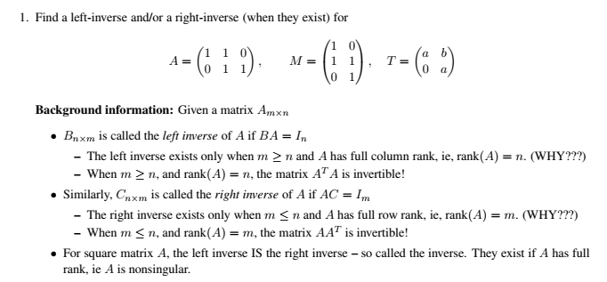 Solved 1. Find a left-inverse and/or a right-inverse (when | Chegg.com