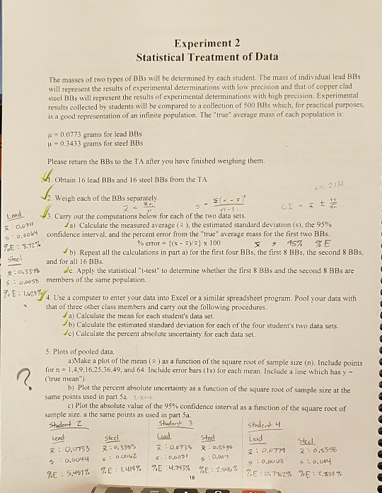 Solved Experiment 2 Statistical Treatment of Data The masses | Chegg.com