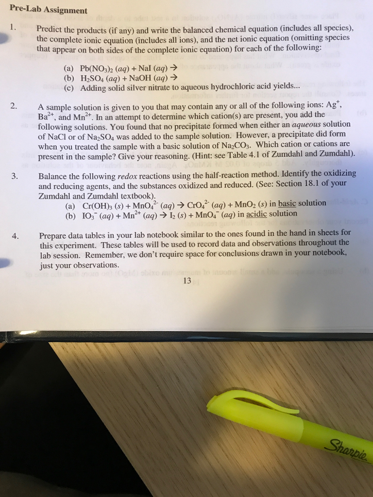 Solved Pre-Lab Assignment 1. Predict The Products (if Any) | Chegg.com