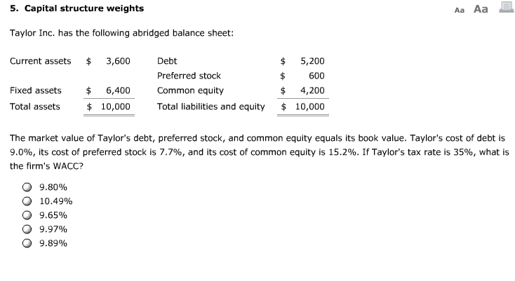 Solved 5 Capital Structure Weights Taylor Inc Has The 7475