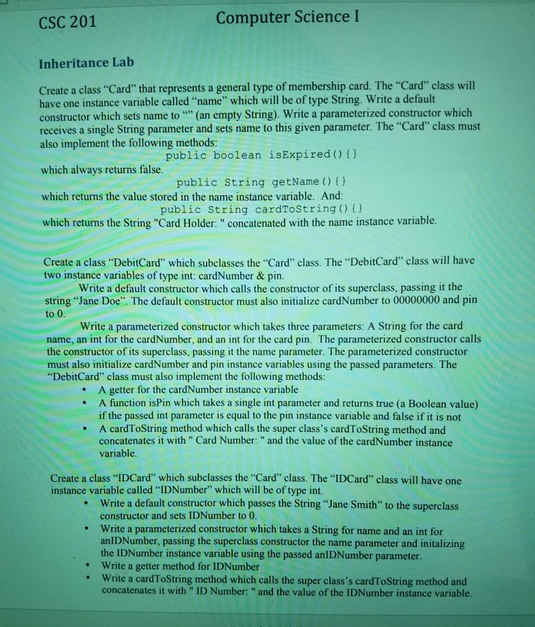 Solved CSC 201 Computer Science I Inheritance Lab Create a | Chegg.com