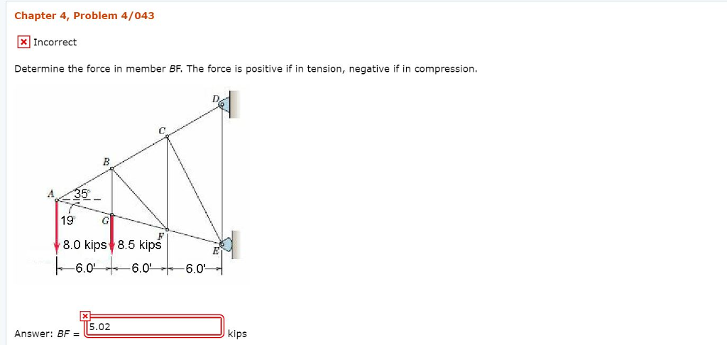 Solved Determine the force in member BF. The force is | Chegg.com